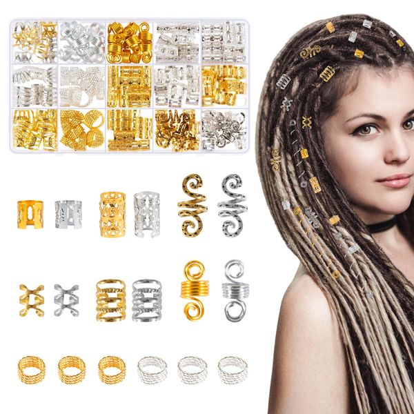 150 Stück Dreadlocks Schmuck Braids Schmuck, Haarschmuck Gold und Silber, Verstellbar Metall Cuffs Haar Flecht Perlen Wikinger, Haarringe für Zöpfe Haarspiralen für Dekoration und Haarverlängerungen