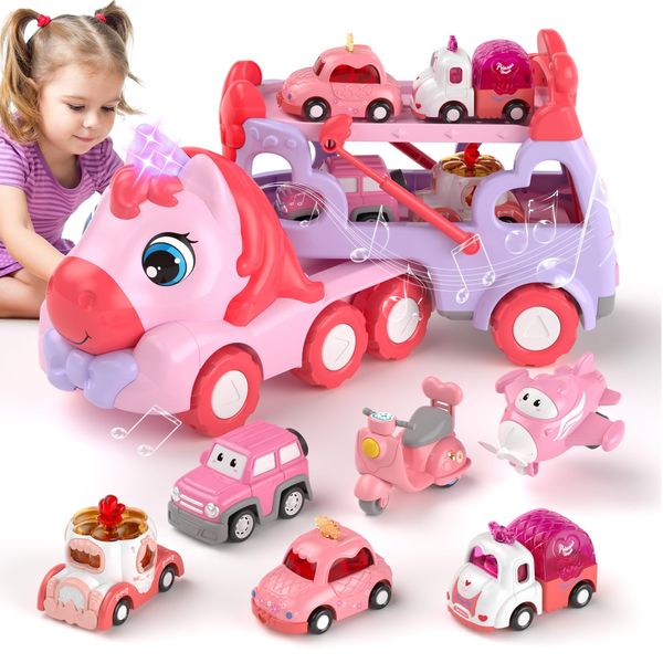 7 in 1 Carrier Truck Cars for Toddlers Girl Toys, Unicorn Gifts for Girl Toys for 1 2 3 Year Old Girl, Toddler Princess Girl Toys Age 1-3 2-4, Girl Car Toys with Light & Music, Toy Car for Girls