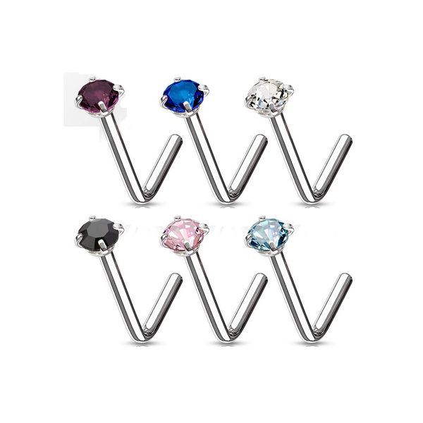 6 Pack of Assorted Colour Gem Top Nose Stud Screw Piercings