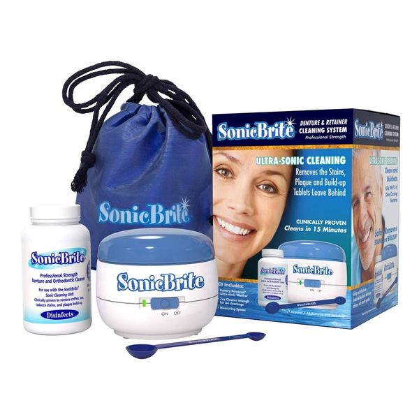 SonicBrite Denture / Retainer Cleaning Kit — Clean any Removable Dental Device with a Powerful Sonic Bath — Cleaner for Night & Mouth Guards, Aligners & More — Powerful Cleaning System