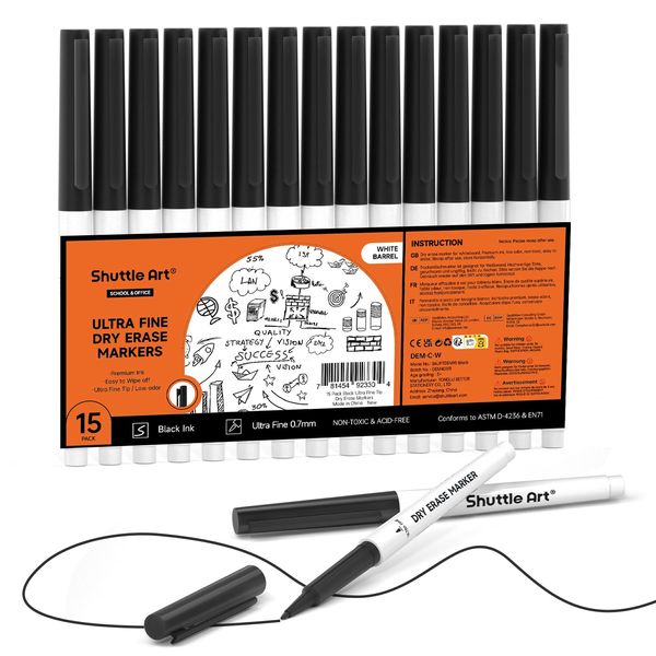 Shuttle Art Ultra Fine Dry Erase Markers, 15 Pack Black Whiteboard Markers with Erase, Dry Erase Markers Perfect For Writing on Whiteboards, Dry-Erase Boards,Mirrors for School Office Home