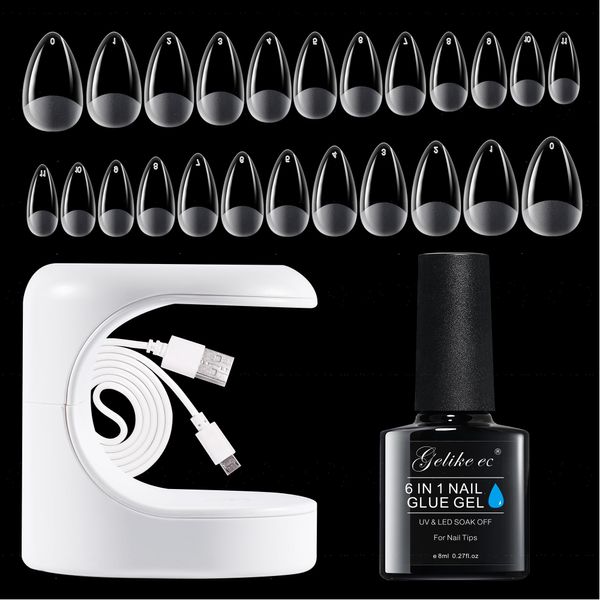 Gelike ec Nail Tips and Glue Gel Kit - Gel Nail X Extension Set Nageltips und Kleber Gel Nail Kit 6 in 1 Nagelkleber 240PCS Soft Gel Full Cover Nail Tips Nagelverlängerung UV Lampe-Short Almond