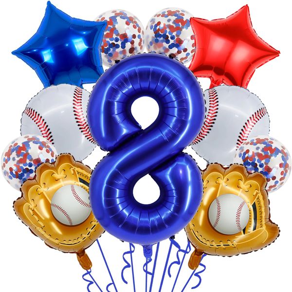 Baseball Birthday Party Balloons, 32 Inch Navy Blue Foil Number 8 Balloon, Baseball Glove Foil Balloon, Red Blue Star Confetti Balloon for 8th Birthday Sports Theme Party Supplies