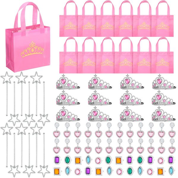 Hungdao 72 Pcs Princess Pretend Jewelry Toys for Girls Includes 48 Pcs Princess Crowns and Tiaras, Rings, Earrings, 12 Princess Wands and 12 Princess Goodie Bags for Girls Princess Party