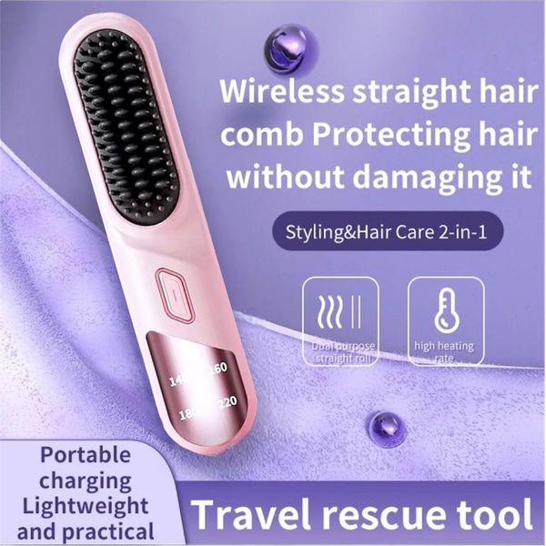 VividUS Cordless Hair Straightening Brush, Mini Portable Hair Straightening Comb, Wireless Hair Straightner, USB Rechargeable, Fast Heating, Lightweight for Travel, Pink