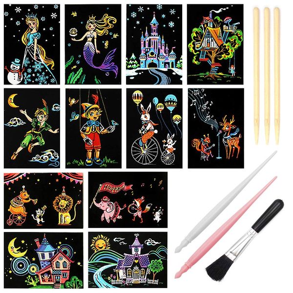 Magic Scratch Art Paper(7.9"x5.5") Rainbow Landscape Engraving Art Mini Scratchboard DIY Pads for Adults and Kids, Crafts Set: 12 Sheets Scratch Postcard Cards & Drawing Pens, Brush Tools(Dreamtopia)