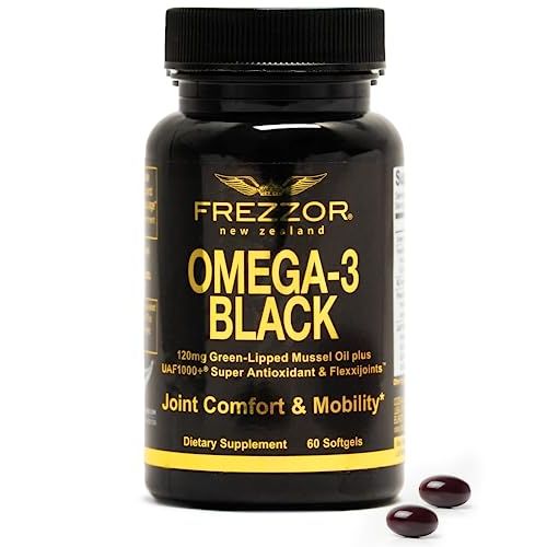FREZZOR Omega 3 Black for Joint Care & Comfort - New Zealand Green Lipped Mussel Oil Capsules; 53x Higher Potency with UAF1000+ Super Antioxidant, No Fishy Aftertaste, 450mg, 1-Pack, 60 Softgels