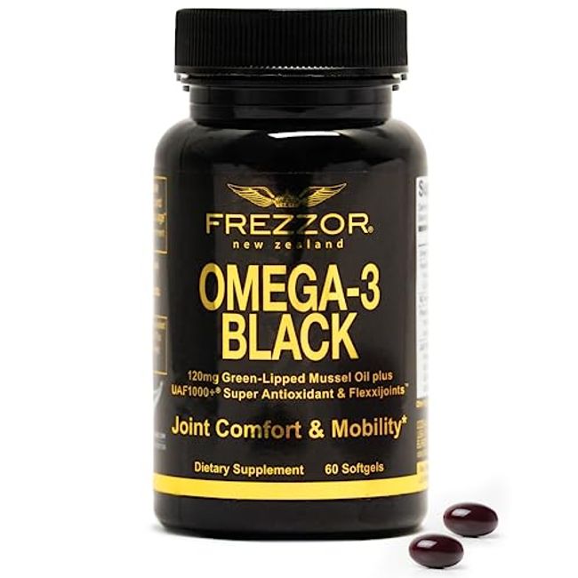 FREZZOR Omega 3 Black for Joint Care & Comfort - New Zealand Green Lipped Mussel Oil Capsules; 53x Higher Potency with UAF1000+ Super Antioxidant, No Fishy Aftertaste, 450mg, 1-Pack, 60 Softgels