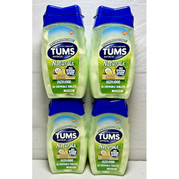 4 Pack 224 Count Tums Naturals Ultra Strength Antacid Chewable Coconut Pineapple