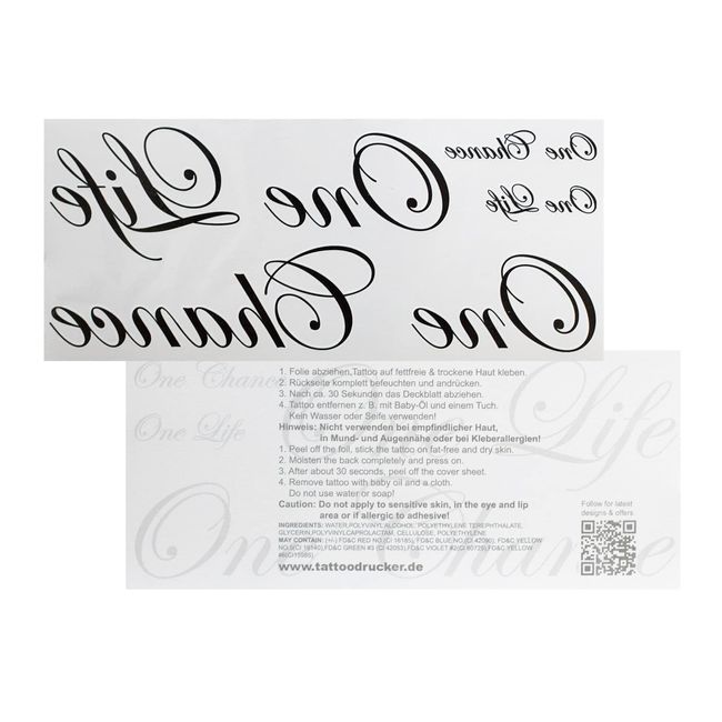 2 x One Chance, One Life Tattoo - Schriftzug groß und klein in schwarz - Temporary Haut Tattoo (2)