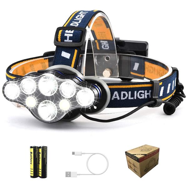 Rechargeable Headlamp, 8 LED 18000 Lumen Headlamp with 1 USB Cable and 2 Batteries, USB Rechargeable Super Bright Adjustable Waterproof Head Torch for Fishing/Camping/Running/Cycling/Hiking