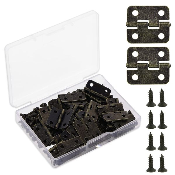 Thinp 50 Pieces Small Hinges, Jewelry Box Hinges Mini Hinges for Wooden Box Small Box Hinges with 200 Pieces 7mm Screws Retro Bronze Small Hinges for Crafts Dollhouse Door Cabinet Decoration