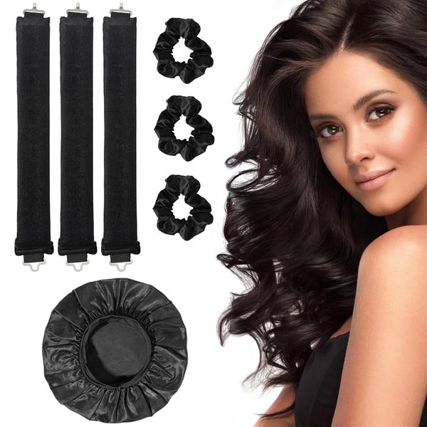 3pcs Heatless Curlers, With 1pcs Shower Cap+3pcs Headband, Heatless Blowout Rods, Heatless Blowout Rods, Overnight Blowout Rods For All Hair Types Women Diy Hair Styling (Black)