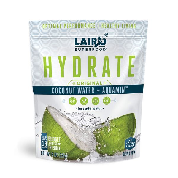 Laird Superfood HYDRATE Coconut Water Powder Drink Supplement with Coconut Water and Auqamin, All Natural, No Added Sugars, Gluten-Free, Non-GMO, Vegan, 8 oz. Bag, Pack of 1