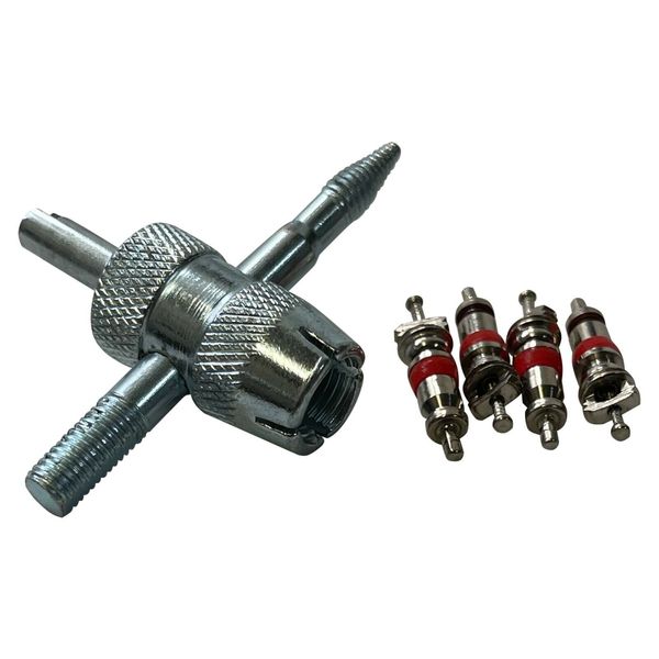 4-Way Tire Valve Core Remover Tool & Stem Installation With 4 Valve Cores Kit