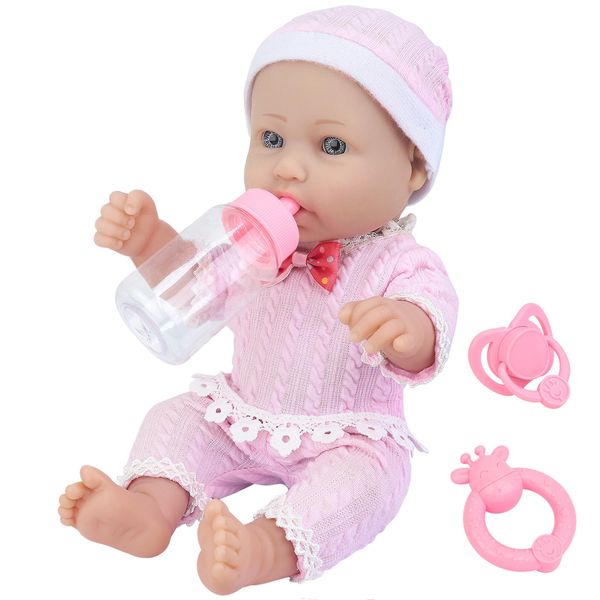 K.T. Fancy 12 Inch Vinyl Baby Doll Playset with Washable Doll Accessories Includes Bottle, Pacifier, Rattle and Pink Cute Pajamas, First Baby Doll for Toddlers 36 + Months