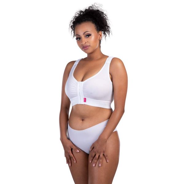 LIPOELASTIC® PI Extra Variant - Post Surgery Compression Bra, Front Closure (UK, Alpha, XL, Regular, Regular, White)