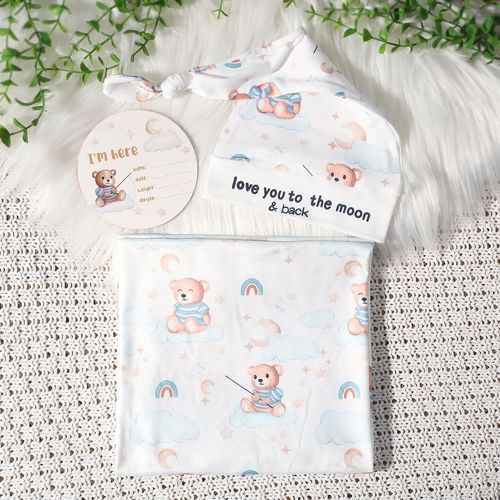Ylsteed Baby Swaddle Blanket and Headband Set, Newborn Receiving Blanket Swaddle Wrap for Girls and Boys, Swaddling Blankets Neutral for Newborn， Soft and Skin-Friendly 32 * 32 inches (Blue Bear)