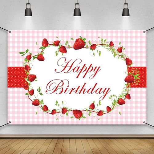 AWERT Polyester 6x3.6ft Happy Birthday Banner Red Strawberry Birthday Party Decorations Banner for Girls Birthday Party Supplies Strawberry Theme Party Decorations