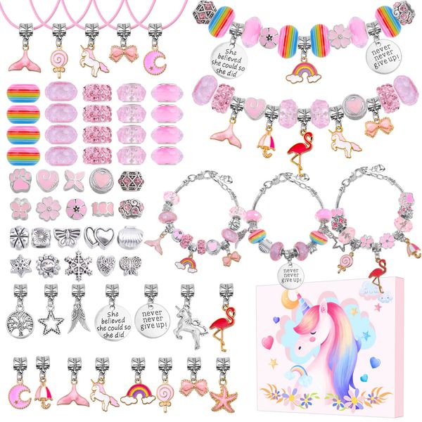 DIY Charm Bracelet Making Kit, Flasoo Jewelry Kit for Teen Girls with Unicorn Mermaid Pink Stuff Craft Gifts for Birthday, Christmas, New Year