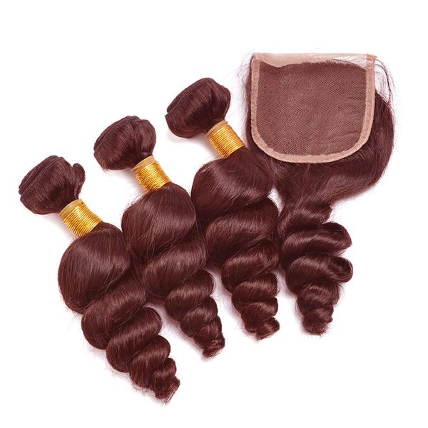 99J Burgundy Loose Deep Wave Human Hair Wefts 3 Bundles With 4x4 Lace Closure Brazilian Hair Extentions Red Wine Color Free Part 4x4 Hand tied Lace Closure (12"14"16"+12"closure, Burgundy/99J)