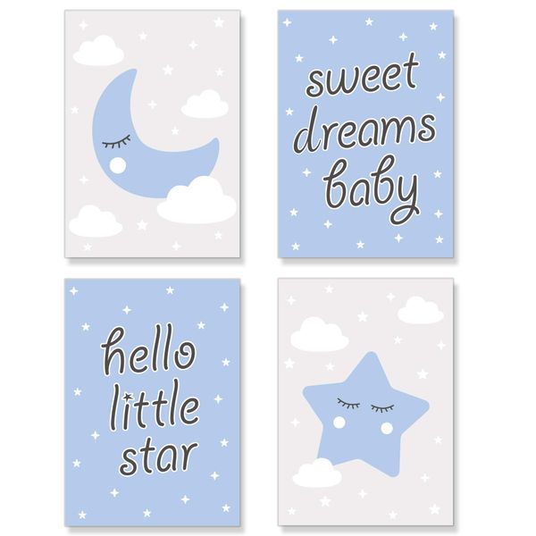 PREMYO Wall Art Prints Nursery Decor - Baby Room Decoration Boy - Kids Poster Set Star Moon Cloud Blue Picture A4 Size