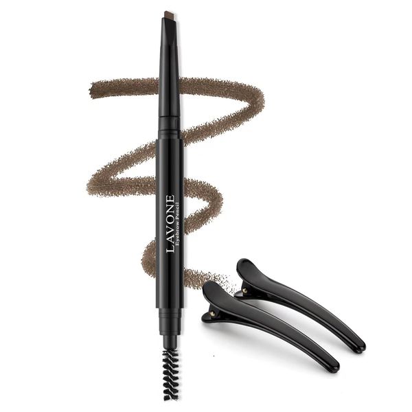 LAVONE Eyebrow Pencil - Makeup Waterproof Brow Pencil with Triangular Tip, Dual-Sided Brow Brush, Precise, Fine Tip, Fills Brows Creates Natural Looking Brow, with Hair Clips - Dark Brown