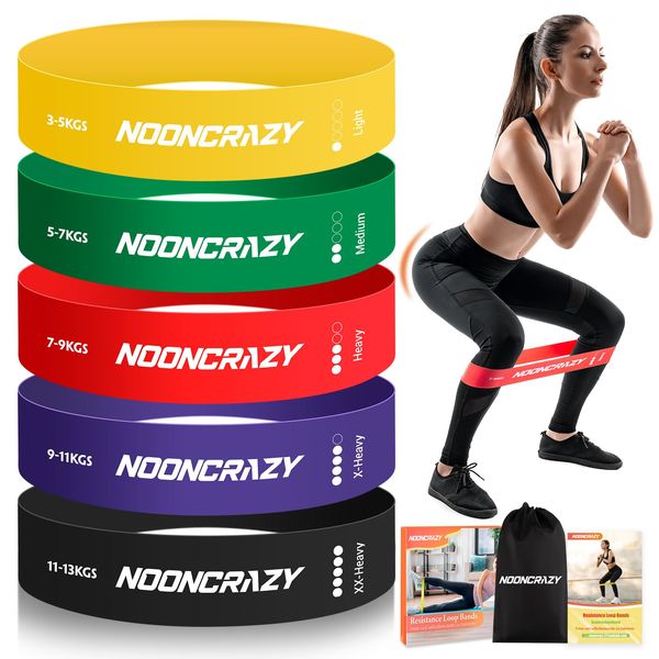 NOONCRAZY Fitnessbänder 5er Set, 100% Naturlatex Resistance Bands mit Übungsanleitung, Gymnastikband 5 Verschiedene Stärken, Widerstandsband für Pilates, Krafttraining, Physiotherapie