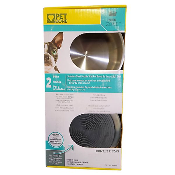 Pet Zone, 2 Pack Stainless Steel Double-Wall Non-Skid Pet Bowl | Water Dog Food