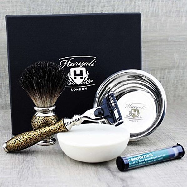 Haryali London 5Pc Mens Shaving Kit 3 Edge Razor, Black Badger Hair Brush, Bowl, Soap and Alum Perfect Set For Men