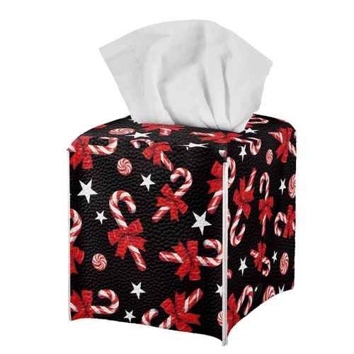 doginthehole Tissue Box Holder Red Candy Cane Printed Tissue Box Case with Belt Bottom, PU Leather Square Tissue Box Cover for Bathroom, Bedroom, Car, Office, Christmas Decorations