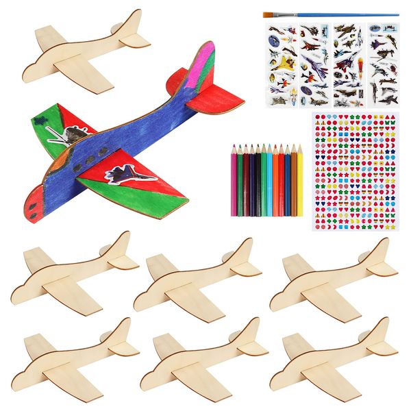 BAPHILE 12 Pack DIY Wood Planes，Mini Airplane Paint and Decorate Wooden Airplane Craft Kits with Decorate Tools for Kids School Craft Decor Projects