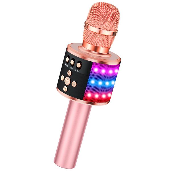 BONAOK Bluetooth Wireless Karaoke Microphone with LED Lights,4-in-1 Portable Handheld Mic with Speaker Karaoke Player for Singing Home Party Toys Birthday Gift for Kids Adults Girls Q78(Rose Gold)