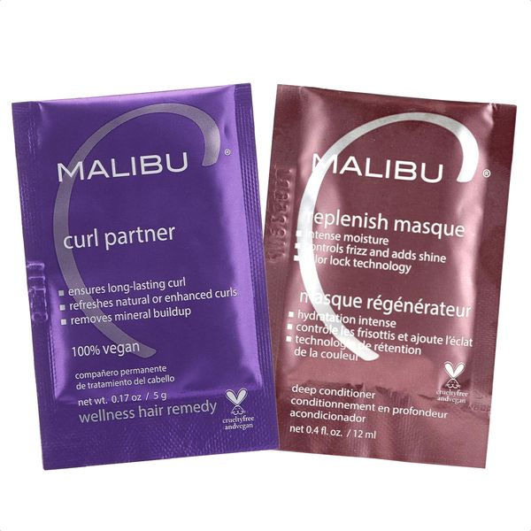 Malibu C Mini Malibu Rehab Curl Partner - Contains 2 Hair Remedy Packets - Hair Care for Natural Curls, Textured Hair, and Perms - Restores Shine + Bounce to Curly Hair