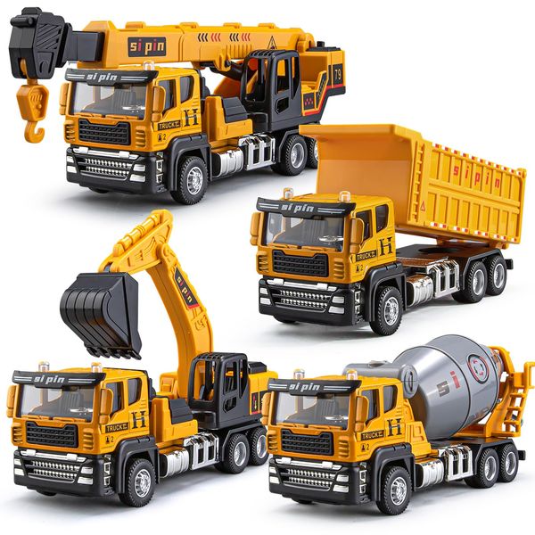 4 Packs Metal Construction Trucks Playsets, Mini Friction Powered Engineering Vehicle, Crane, Excavator, Cement Mixer, Dump Truck Toys for Boys 3-5 Years Old, Die-Cast Trucks for Toddlers Kid