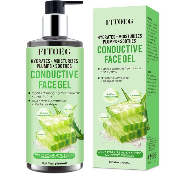 FITOEG Conductive-Gel-for-Face-Microcurrent, 13.5 Oz Large Bottle Hydrating Massage Gel Serum for Facial Machine Device, Leave-On Gel Primer for Face,Hyaluronic Acid,Aloe Vera,Vitamin E