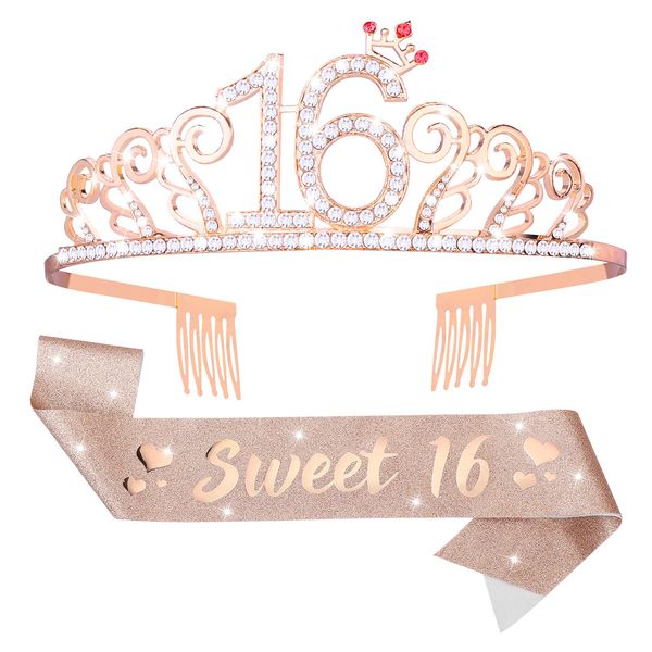 ASTER Sweet 16 Tiara and Sash for Girls, Birthday Rhinestone Crown 16 & Decorative Satin Sash, Sweet 16 Years Birthday Gifts for Girls Happy 16th Birthday Party Favor Supplies