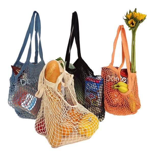 Reusable Long Handle Grocery Bags, Fruit and Vegetable Shoulder Bag, Washable Cotton Mesh String Organizer Shopping Handbags