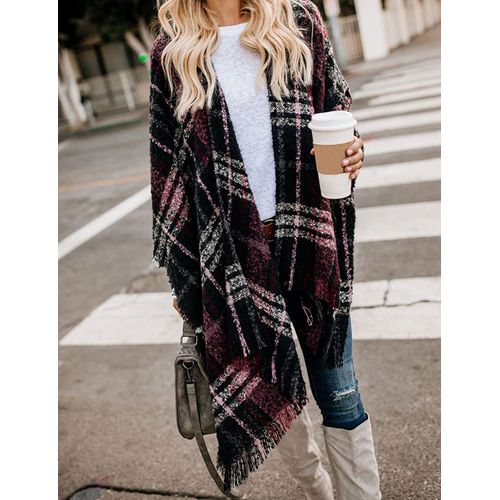 Bestshe Women's Boho Open Front Poncho Knitted Plaid Shawl Wrap Cape Tassel Cardigan Sweater