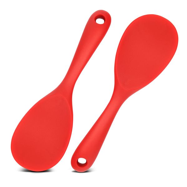 Rice Serving Spoon Set of 2, Rice Spoon Set, Silica Gel Serving Spoons for Rice, Sushi & Mashed Potatoes, Silicone Rice Paddle, Nonstick & Resistant to High Heat, Better Than Plastic Spoons (Red)