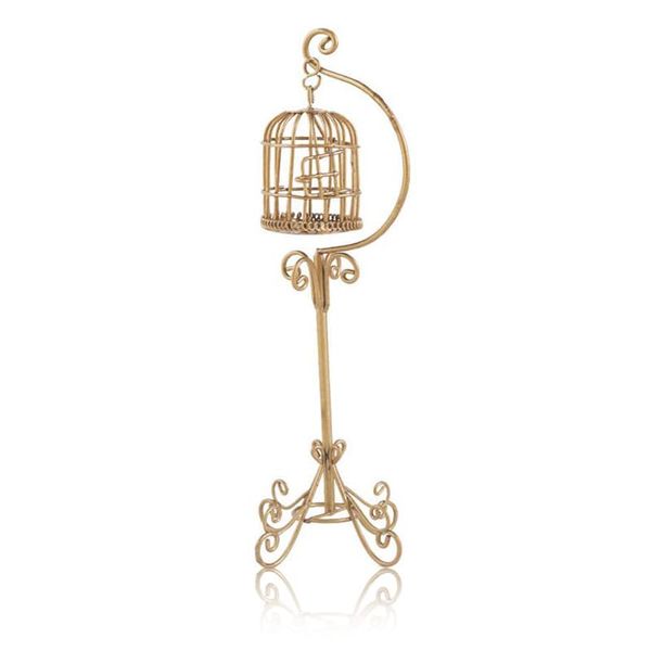 Dollhouse Birdcage 1:12 Scale Accessories Miniature Bird Cage Floor Stand Openable Cage Alloy Birdcage Model Mini House Decoration Ornament (Golden)