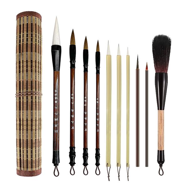 SEAMEW 10-Piece Chinese Calligraphy Brush Set - Premium Watercolor Brushes for Kanji, Japanese Sumi, Painting, Drawing, Art Supplies with Roll-up Bamboo Brush Holder