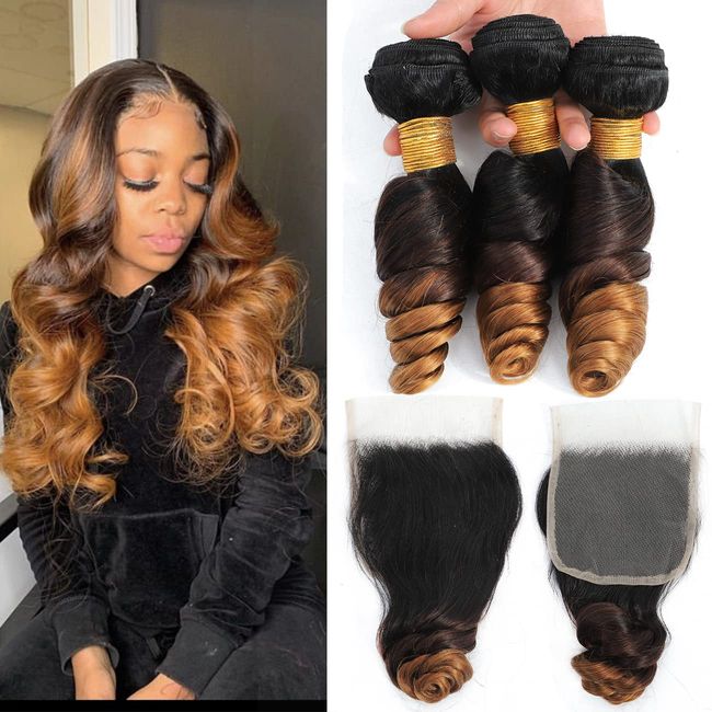 Ombre Bundles With Closure Loose Wave 9A grade Colored Malaysia Human Hair Bundles With Closure Weave 100% Virgin hair Ombre Loose Wave 3 Bundles and 4x4 Lace Closure Ombre T1B/4/30 Color(10 12 14+10 closure)