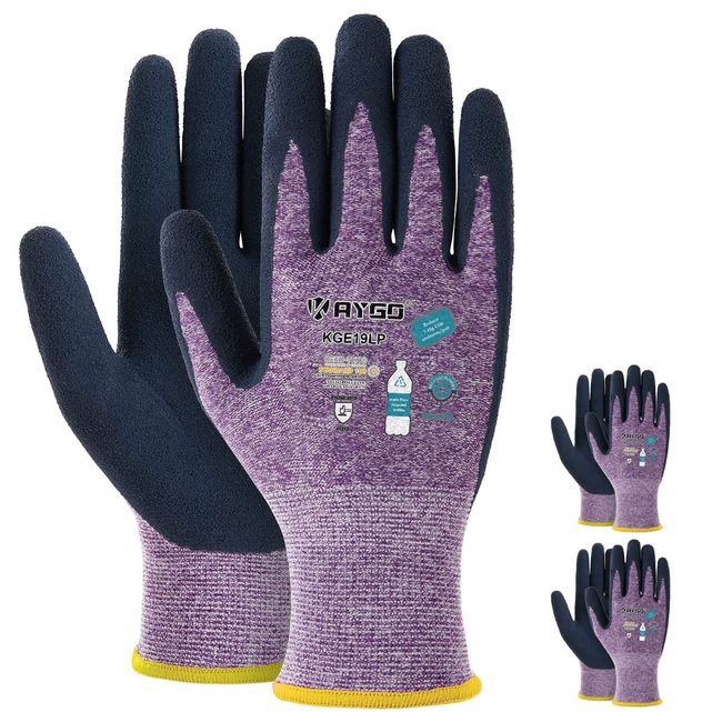 KAYGO Work Gloves for Women KGE19L Eco Friendly Gloves with Breathable Rubber Coated, 3 Pairs,Medium,Purple