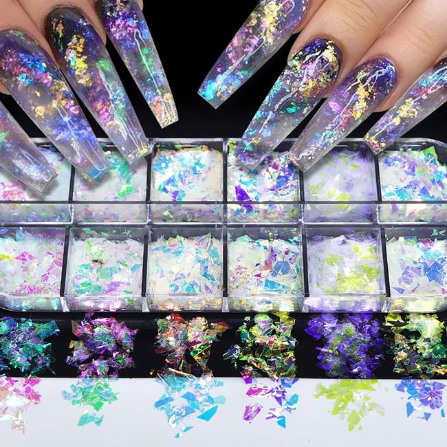 Holographic Mermaid Nail Art Glitter Flakes Iridescent Ice Slag Nail Glitter Sequins Confetti Nail Foil Flakes for DIY Glitter Manicure Decoration Women Nail Art Supplies Accessories12 Grid