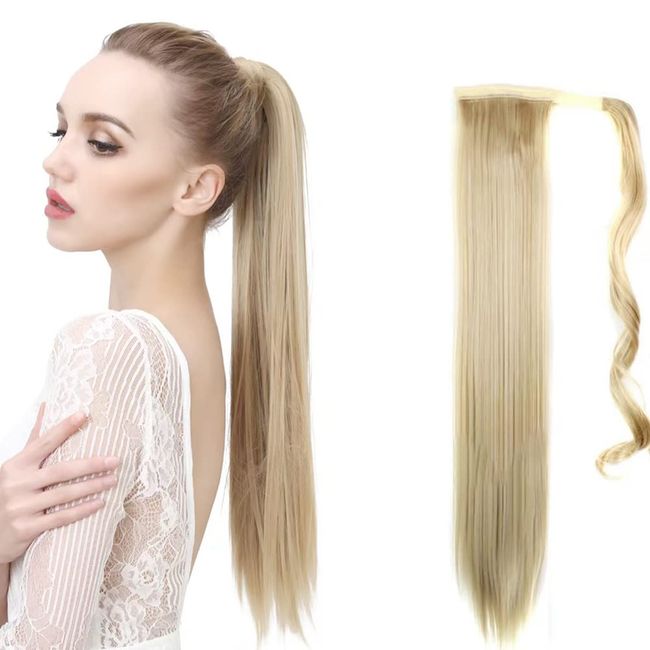 Pferdeschwanz 60 cm lang glatt gewickelt Verlängerung Kunsthaar Haarverlängerung Extensions Lockig Clip in Ponytail Haarteil für Frauen(27/613# Helles Honigblond)