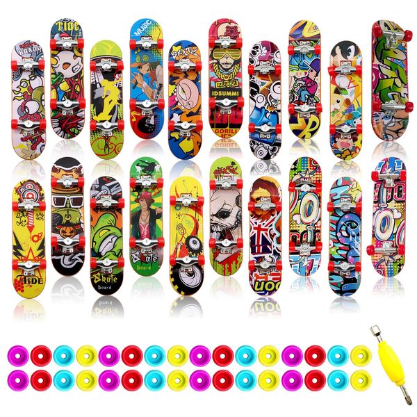 ZOCONE 20 PCS Finger Skateboards with 32 Replaceable Wheels and Mini Screwdriver, Finger Mini Skateboard Toy Deck Truck Finger Boards for Kids Party Favours Boys Party Bag Fillers (Random Patterns)