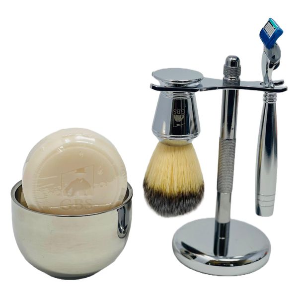 G.B.S Men's Shaving Kit - 5 Blade Razor Stainless Durable Wide Handle for Strong Grip, Shaving Brush, Razor + Brush Stand, Chrome shaving Bowl & All-natural Shave soap