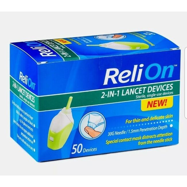 ReliOn - New Diabetic Product 30 Gauge 2 in 1 Lancet 50Ct ~ For Delicate Skin ~