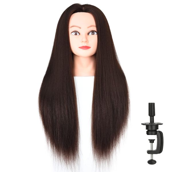 Yamel Mannequin Head Training Heads with Clamp Holder, Hairdresser Training Heads 20 Inch Long Brown Hair Practice Doll Head for Kids Hair Styling